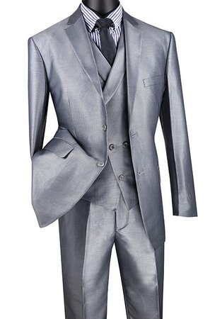 Gray Modern Fit Shiny Sharkskin 2 Button 3 Piece Suit | Men's Fashion