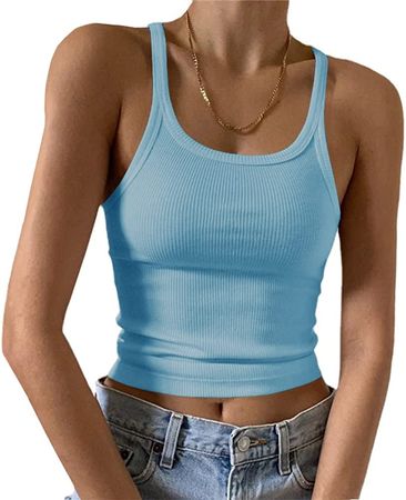 Artfish Women's Sleeveless Tank Top Form Fitting Scoop Neck Ribbed Knit Cami Light Blue, M at Amazon Women’s Clothing store