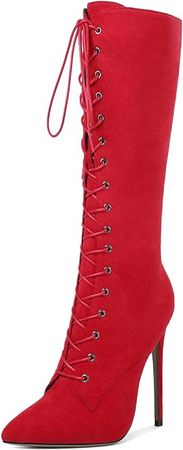 Amazon.com | Eldof Women's Knee-High Boots Lace Up High Heeled Stiletto Sexy Boot | Knee-High
