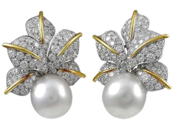 Natural Pearl Diamond Earrings Round White Gold Fine Earrings