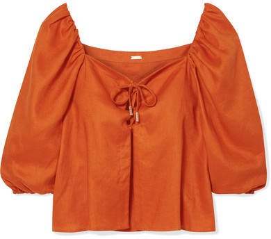 Aurel Lace-up Linen Top - Bright orange