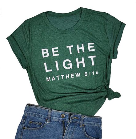 DUDUVIE Be The Light Faith Shirts Women Jesus Christian T-Shirt Summer Letter Printed Short Sleeve Loose Tee Tops(Small, Green) at Amazon Women’s Clothing store