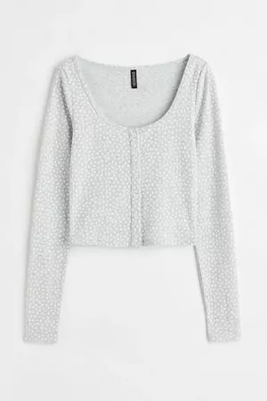 Button-front Ribbed Top - Light gray melange/small flowe - Ladies | H&M US