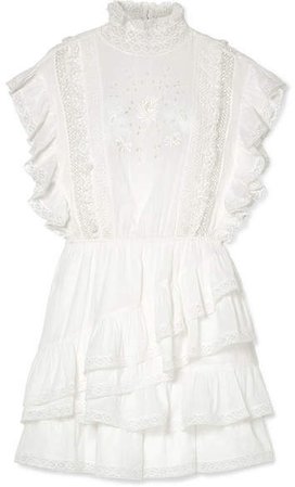 Holly Ruffled Lace-trimmed Cotton-voile Mini Dress - White