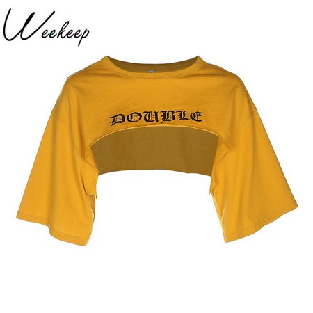 Weekeep Women Cropped Loose Letter Print t shirt Summer Fashion Rash Guards Crop Top Yellow Cotton O neck Streetwear T shirt -in T-Shirts from Women's Clothing on Aliexpress.com | Alibaba Group