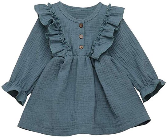 Vedext Toddler Baby Girl Outfits Cotton Linen Long Sleeve Dress Ruffled Skirt Infant Fall Clothes (Blue, 2-3T): Clothing