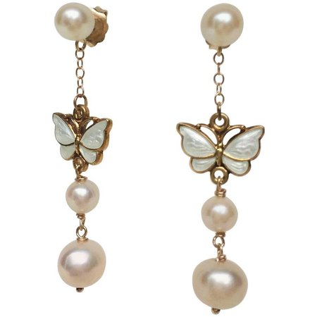 Marina J Pearl Earrings with Vintage White Enamel Butterfly For Sale at 1stdibs