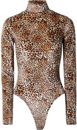 Leopard-print Stretch-velvet Turtleneck Thong Bodysuit - Leopard print