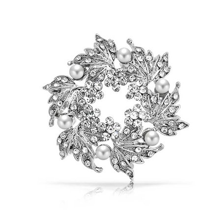 White Pearl Flower Crystal Leaf Wreath Pin Christmas Bridal Brooch