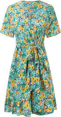 Erichman Women's Dresses Summer Casual Short Sleeve Wrap V Neck Ruffle Floral Printed Solid Color Midi Dress with Belt at Amazon Women’s Clothing store