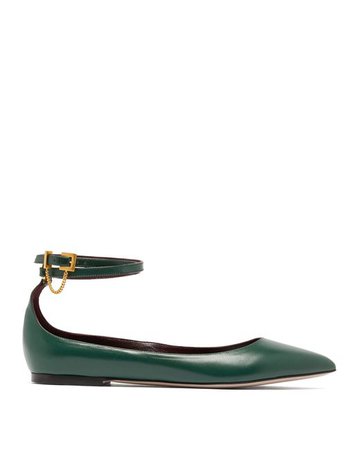 dark green leather flat shoes