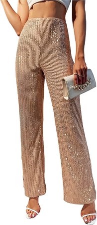 YHYJMY Womens Casual Sparkle Sequin Glitter Bling Loose Elastic High Waist Shiny Wide Leg Flare Palazzo Pants (K005-Champagne-L) at Amazon Women’s Clothing store