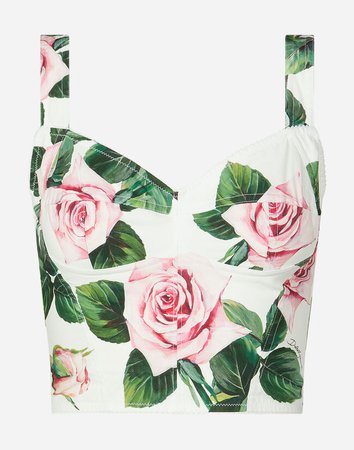 Women's Shirts and Tops | Dolce&Gabbana - TROPICAL ROSE PRINT POPLIN BUSTIER TOP