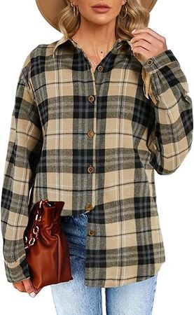 Women's Long Sleeve Plaid Shirts Flannel Collared Button Down Shacket Casual Rolled Up Boyfriend Blouse Tops at Amazon Women’s Clothing store