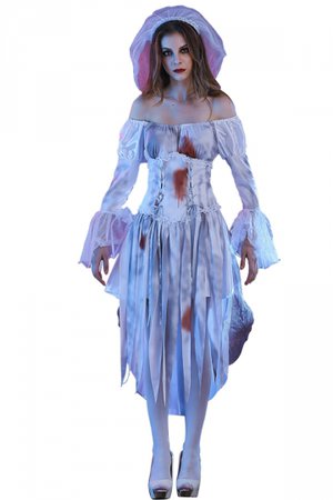 Womens Off Shoulder Tassel Halloween Bloody Zombie Bride Costume White - PINK QUEEN