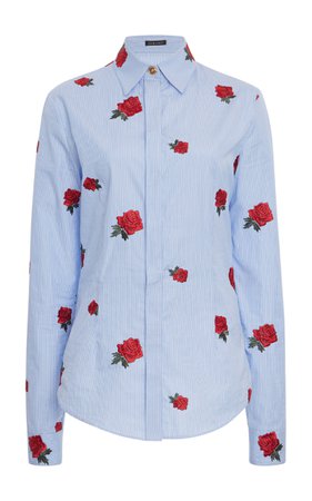 Versace Rose-Embroidered Cotton Poplin Top