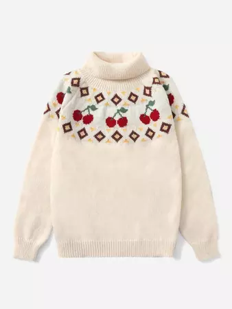 Plus Geo & Cherry Pattern Turtleneck Raglan Sleeve Sweater | SHEIN