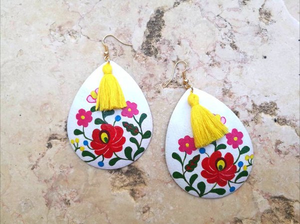 Hungarian embroidery earrings tassel earrings Hand painted | Etsy