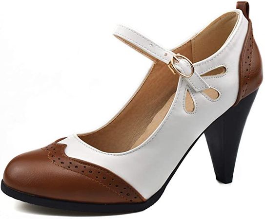 Mekereke Womens Brown Retro Mary Jane Oxford High Heels Pumps Shoes for Women Teardrop Cutout Round Toe Pierced Strappy Oxfords Mary Janes High-Heel Pump Shoe | Pumps