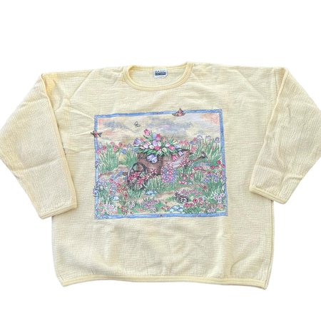 Vintage 90s Pastel Yellow Grandma Floral Sweatshirt... - Depop
