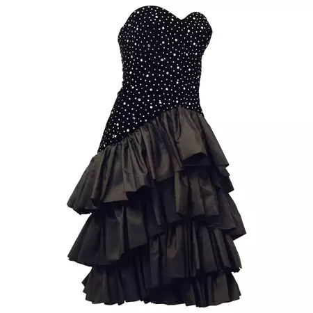 80s Black Velvet Rhinestone Studded Cocktail Dress with Tiered Taffeta Skirt For Sale at 1stDibs | 80's black dress, 80s black dresses, velvet rhinestone dress