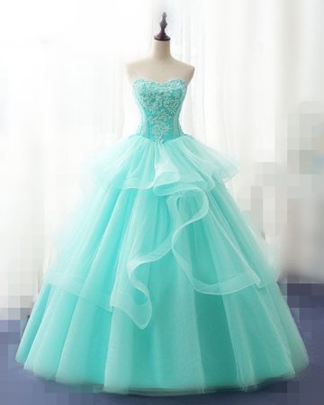 Light Green Tulle Strapless Long Layered Quinceanera Dress, Sweet 16 Prom Dress