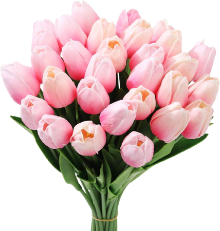 Tifuly 24 Pcs Fake Tulips Artificial Latex Tulips Real Touch Bridal Bouquet for Home Table Party Wedding Decoration(Pink)