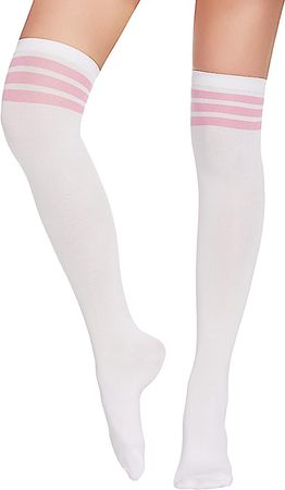 ADOME Knee High Socks for Women Cute Long Socks Halloween Cosplay Thigh High Socking White with Pink Stripes at Amazon Women’s Clothing store