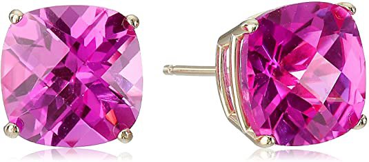 14k Yellow Gold Cushion-Cut Checkerboard Created Pink Sapphire Stud Earrings