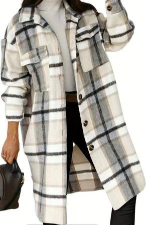 Plaid Print Shacket Jacket, Casaul Button Front Turn Down Callor Long Sleeve
