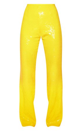 Yellow Sequin Flare Leg Pants | Pants | PrettyLittleThing USA