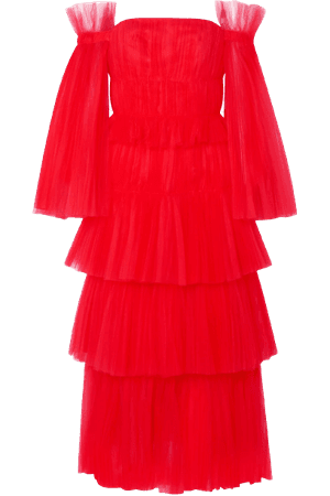 CAROLINA HERRERA Off-the-shoulder tiered tulle midi dress