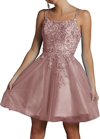 Modest Lace Beaded Tulle Homecoming Dresses Short Square Neck Prom Dress Spaghetti Straps Party Gown at Amazon Women’s Clothing store