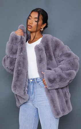 Grey Premium Faux Fur Vertical Bubble Coat | PrettyLittleThing USA