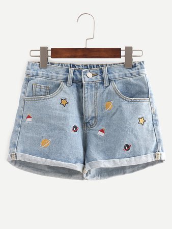 Embroidered Cuffed Denim Shorts