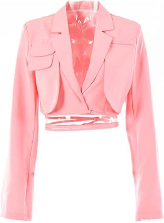 Gray Double Layer Bandage Slim Blazer Women Long Sleeve Pocket Short Jacket at Amazon Women’s Clothing store