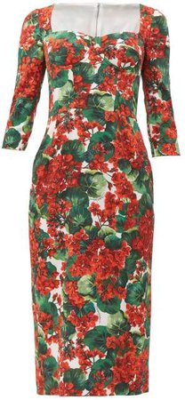 Sweetheart Bodice Geranium Print Cady Midi Dress - Womens - Red Multi