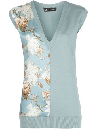 Oscar De La Renta, contrast-panel floral-print Sweater Top