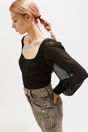 UO Lena Sheer Sleeve Square Neck Blouse | Urban Outfitters
