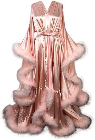 Old Hollywood Feather Robe Sexy Boudoir Robe Feather Bridal Robe Satin Long Wedding Scarf New Custom Made (Custom, Blush Pink) at Amazon Women’s Clothing store