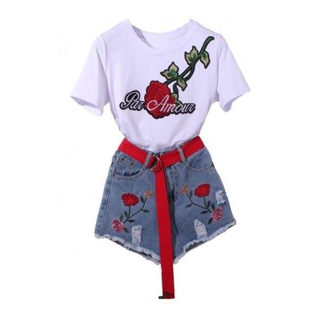 Two Pieces Embroidery Letter Floral Appliqued Short Sleeve Round Neck... ($35)