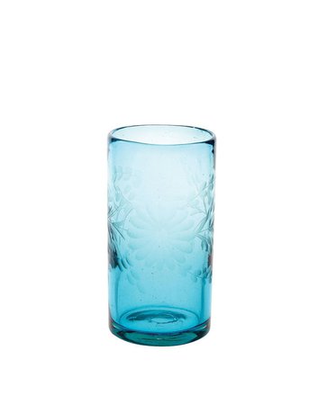 Aqua Blue Tall Tumbler Glass with Etched Flowers – The Little Market