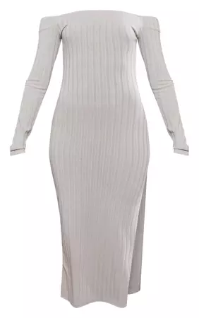 Sand Wide Rib Bardot Split Detail Maxi Dress | PrettyLittleThing USA