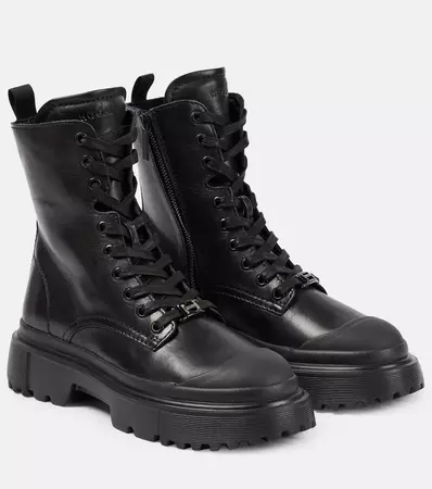 H 619 Leather Combat Boots in Black - Hogan | Mytheresa
