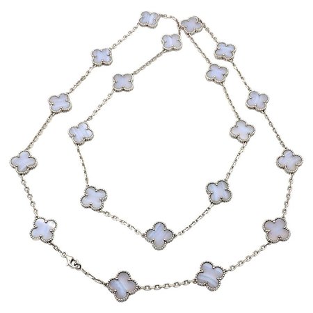 Van Cleef and Arpels Vintage Twenty Motif Alhambra Chalcedony White Gold Necklace For Sale at 1stdibs