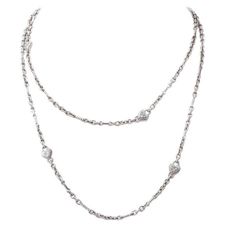 Judith Ripka Diamond Heart Long 18 Karat Gold Chain Link Necklace For Sale at 1stdibs