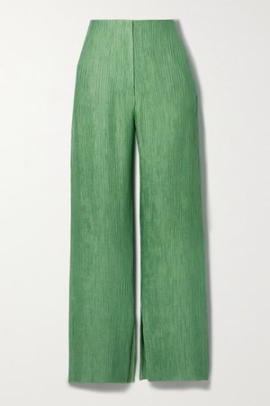 Tabbie Metallic Plisse-crepe Straight-leg Pants - Green