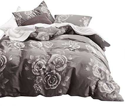 Wake In Cloud - Floral Duvet Cover Set Queen, 100% Soft Cotton Bedding, White Rose Flower Pattern Printed on Dark Gray Grey, with Zipper Closure (3pcs, Queen Size): Amazon.ca: Home & Kitchen