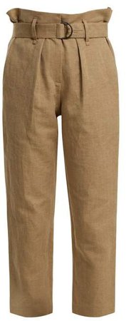 Paperbag Waist Straight Leg Cropped Trousers - Womens - Beige