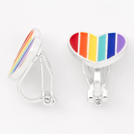 Silver Rainbow Heart Clip On Stud Earrings | Claire's US